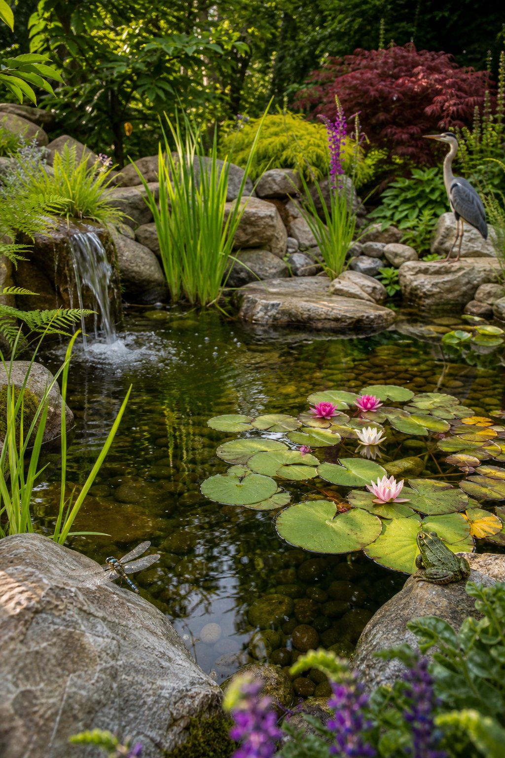 A backyard pond surrounded by plants, stones, and wildlife including frogs, dragonflies, and birds.