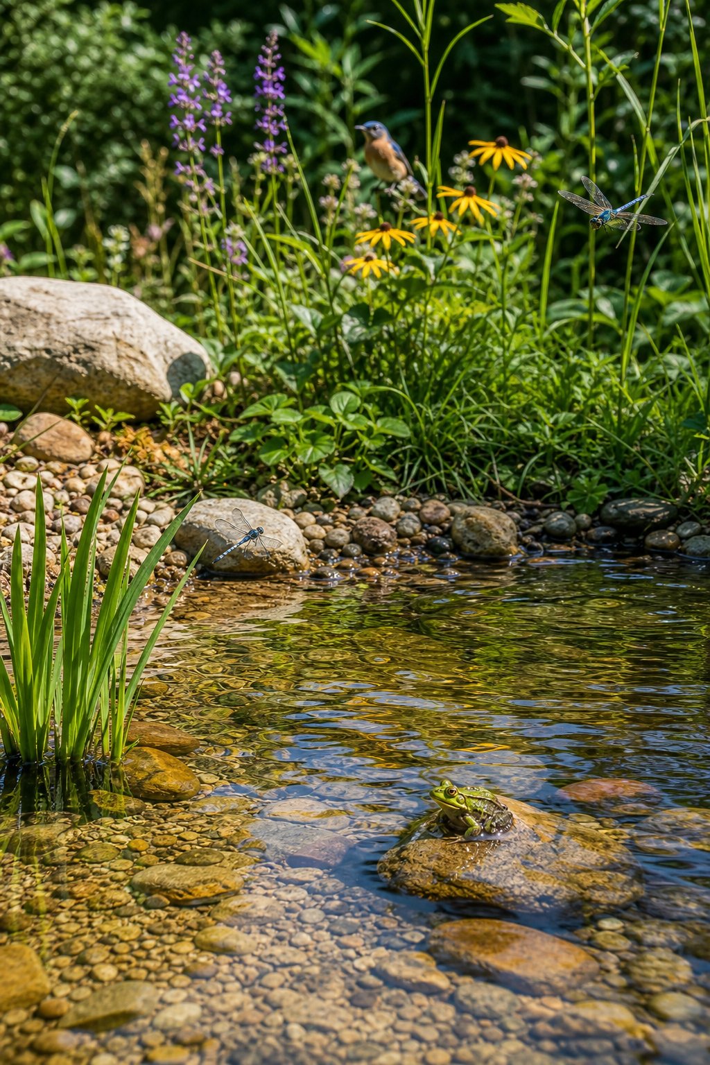 A small shallow pond at the edge of a garden beach area with native plants and small wildlife like dragonflies and frogs.