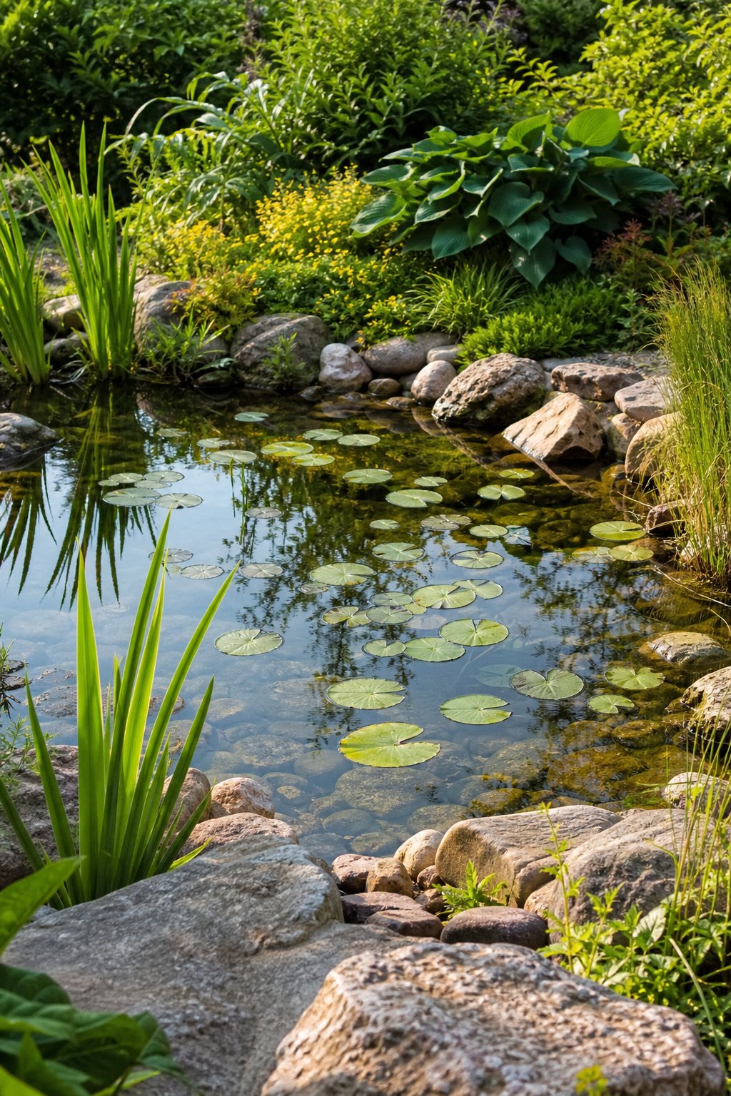 A small garden pond edged with stones and covered with green lily pads, surrounded by plants and grasses.
