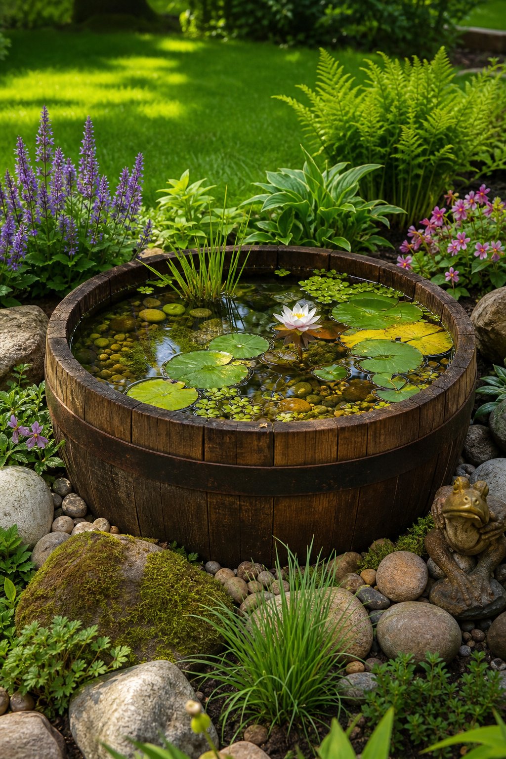 A small pond inside a half whiskey barrel surrounded by garden plants and stones.