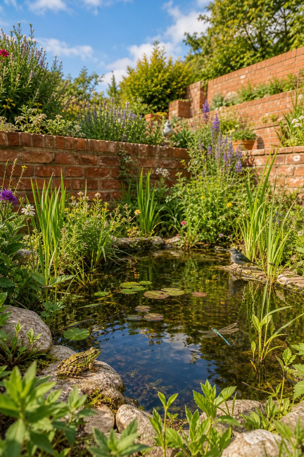 A small wildlife pond surrounded by a raised red-brick terrace with green plants, wildflowers, and small animals like frogs and dragonflies.