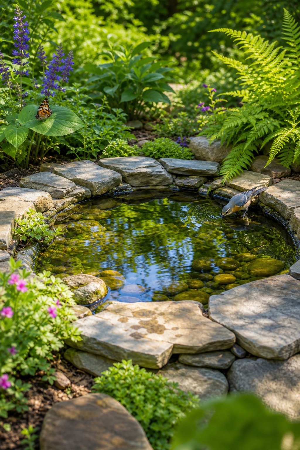 A small circular garden pond edged with stacked stones surrounded by green plants, flowers, and a butterfly and bird nearby.