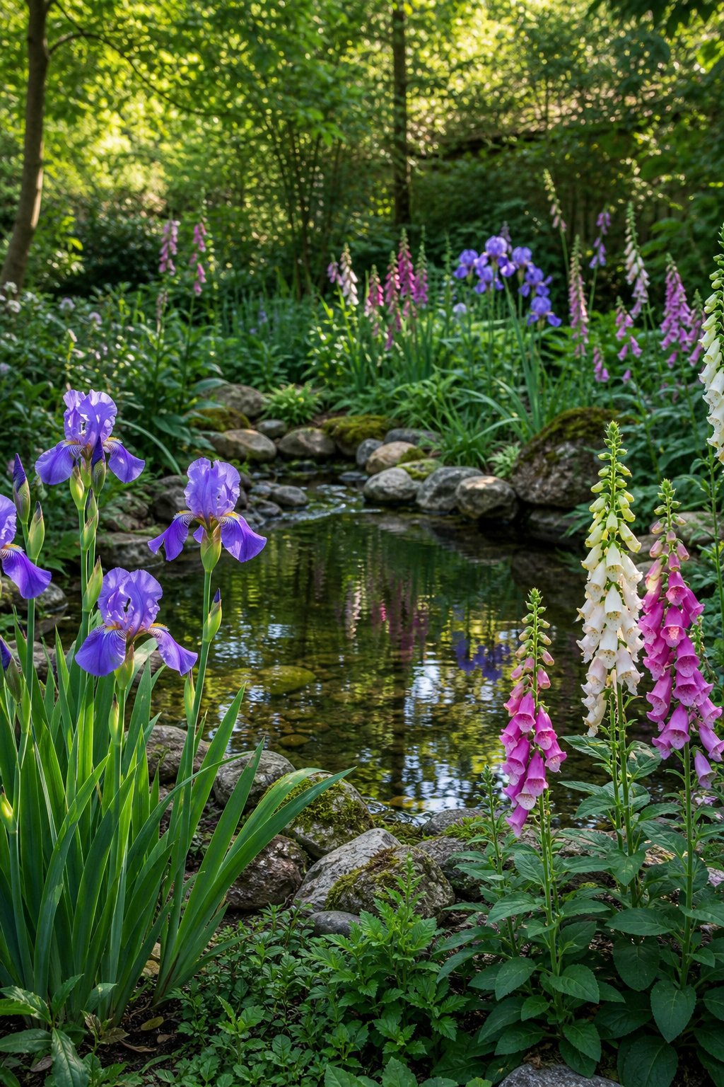 Small garden pond surrounded by iris and foxglove flowers with green plants and clear water.