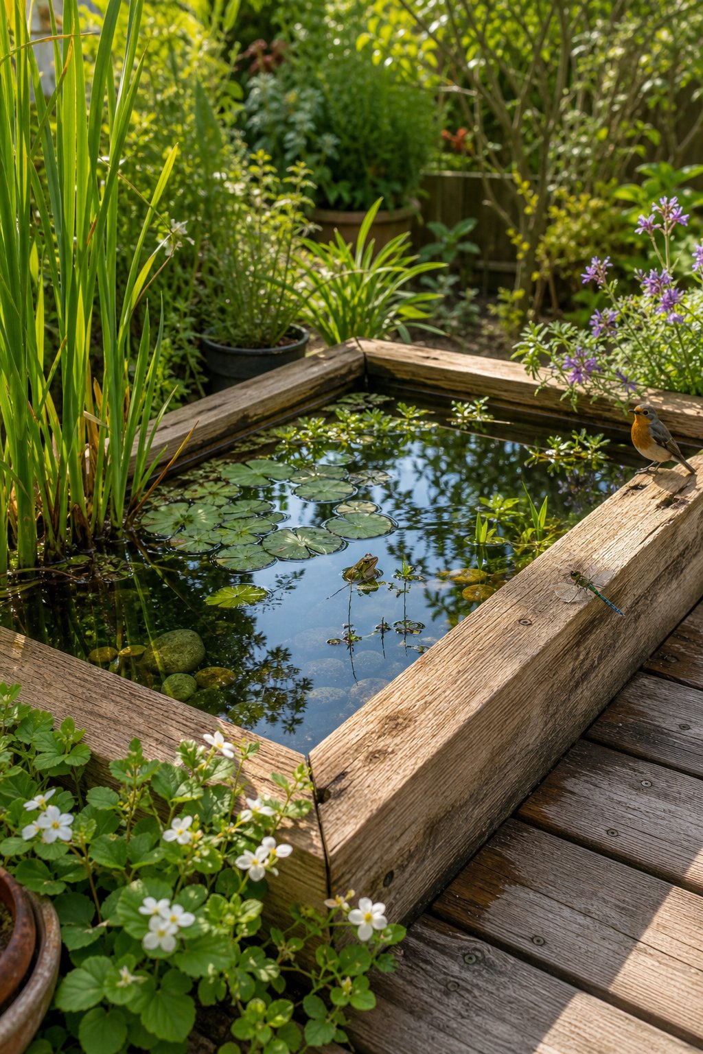 A small wildlife pond made from reclaimed timber set into a wooden deck, surrounded by green plants and small flowers with frogs and dragonflies nearby.