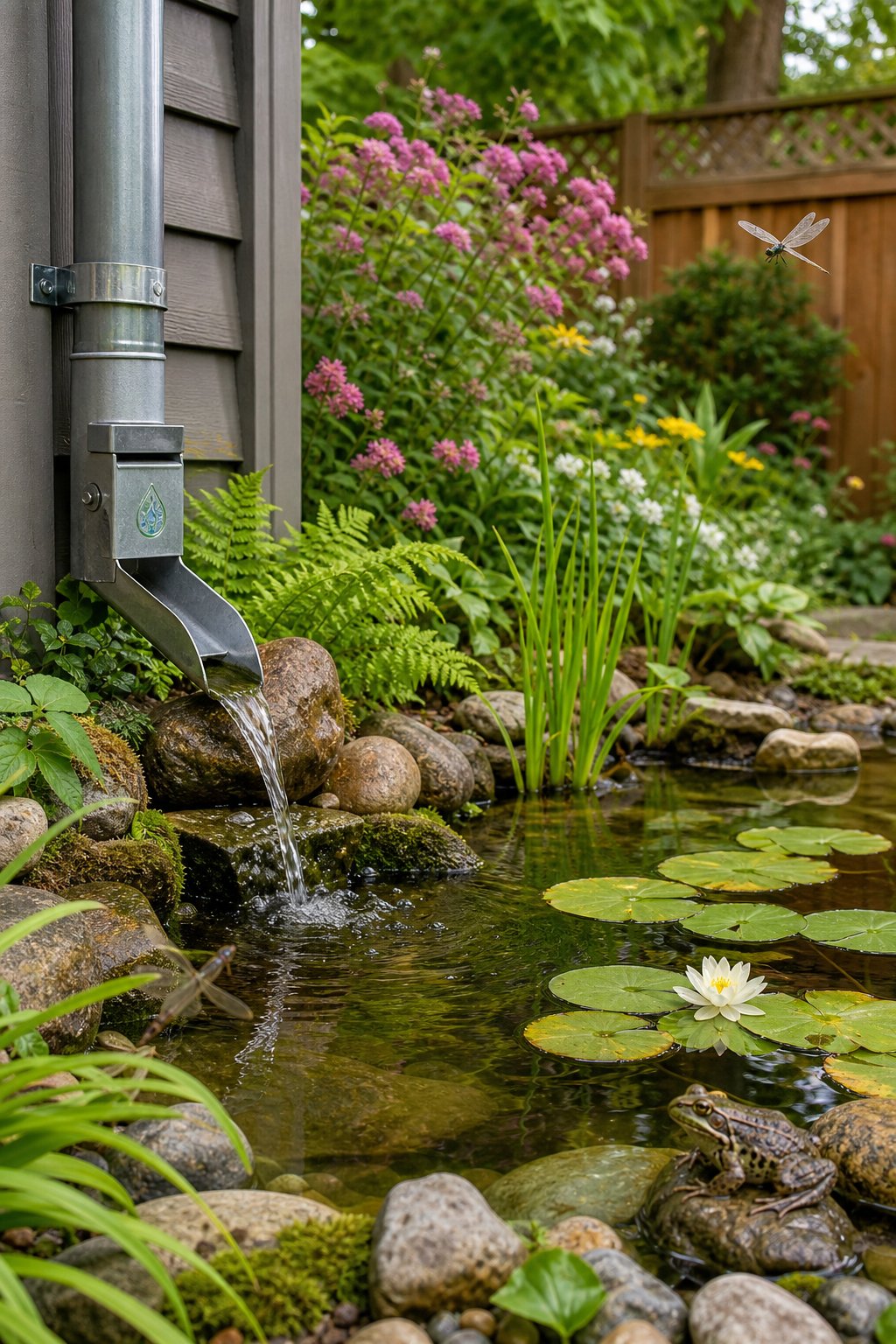 A small garden pond with a downspout diverting rainwater into it, surrounded by plants and wildlife.