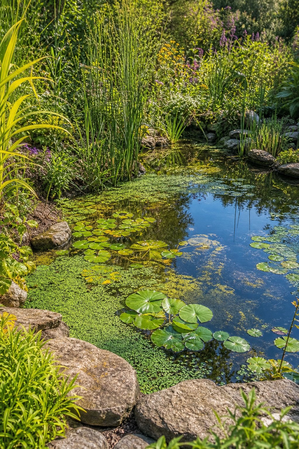 A small garden pond at the edge with floating green plants on the water surface surrounded by garden plants and grasses.