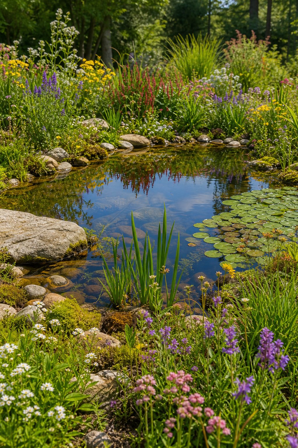 A small garden pond surrounded by colorful wildflowers and native grasses with clear water reflecting the plants.