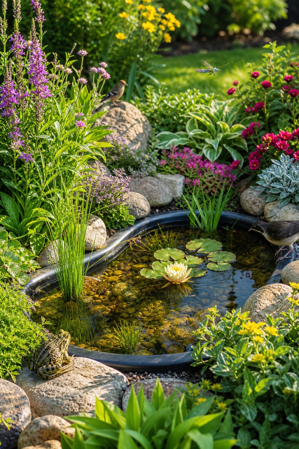 A small garden pond in a sunny border surrounded by plants, flowers, and small wildlife like frogs and dragonflies.