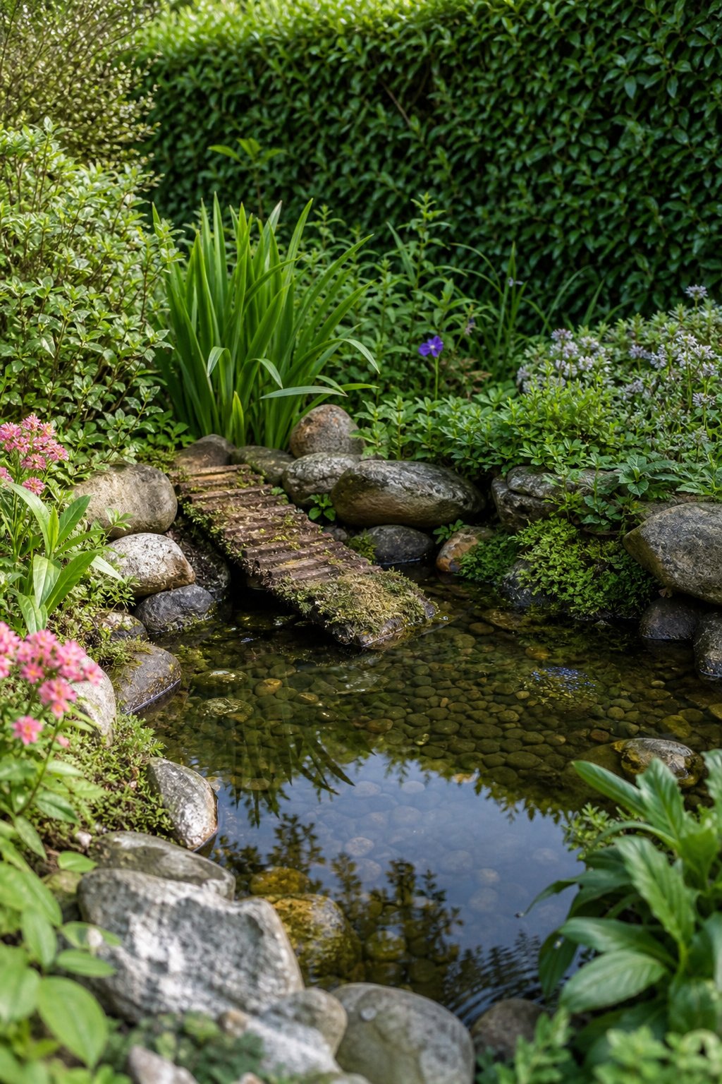 A small garden pond with clear water, surrounded by green plants and a natural wooden ramp for hedgehogs to escape from the water.