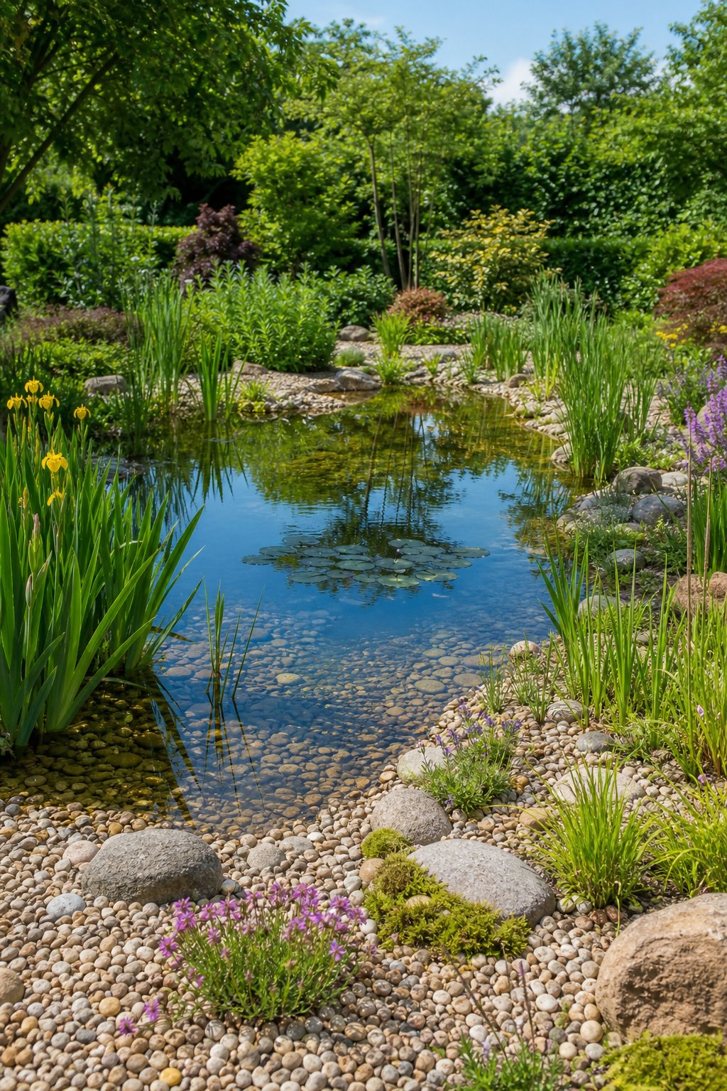 A small garden pond with gravel edges and shelves of green aquatic plants surrounded by flowering plants and shrubs.