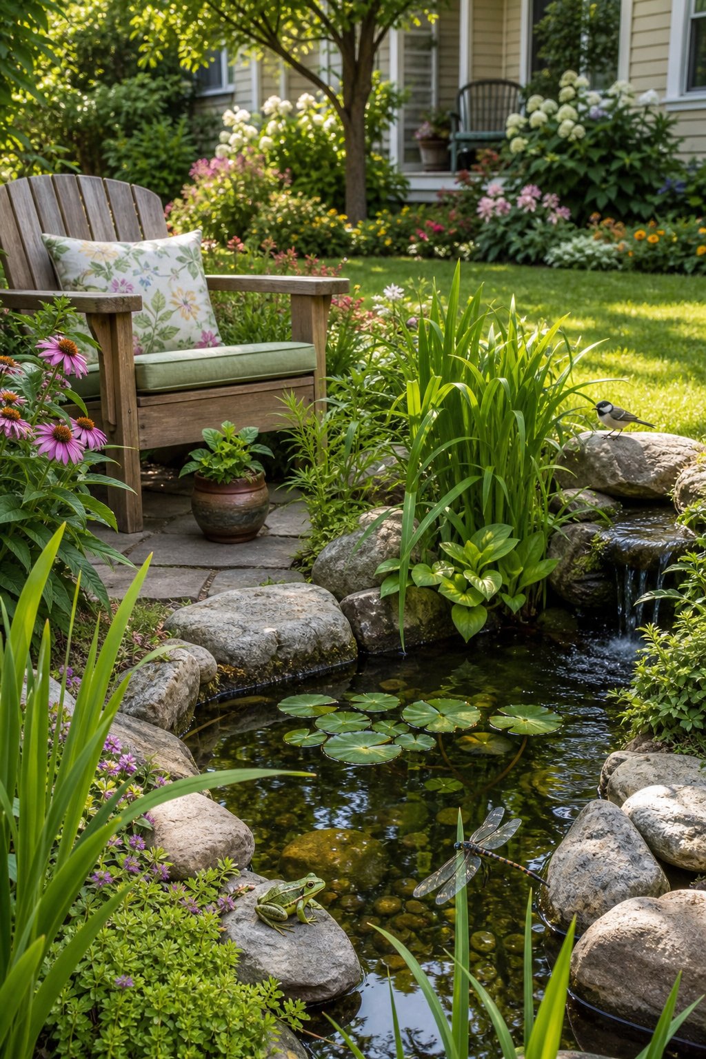 A small front yard pond beside a wooden bench surrounded by plants and flowers.