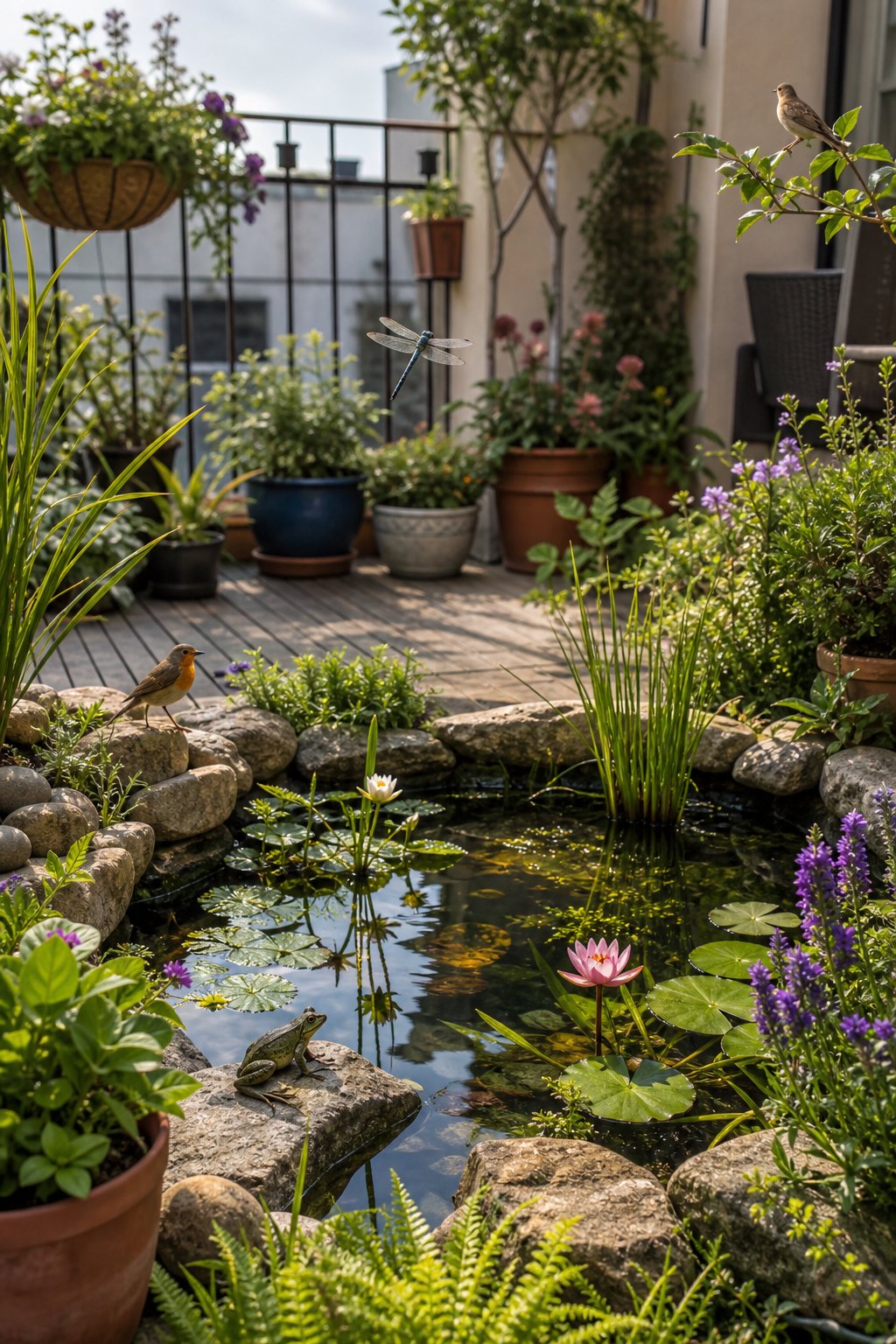 A small wildlife pond on a balcony or courtyard surrounded by plants, with frogs, dragonflies, and birds nearby.