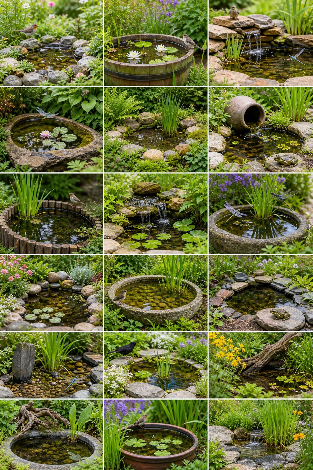 A variety of small garden ponds surrounded by plants, flowers, stones, and wildlife including frogs and dragonflies.