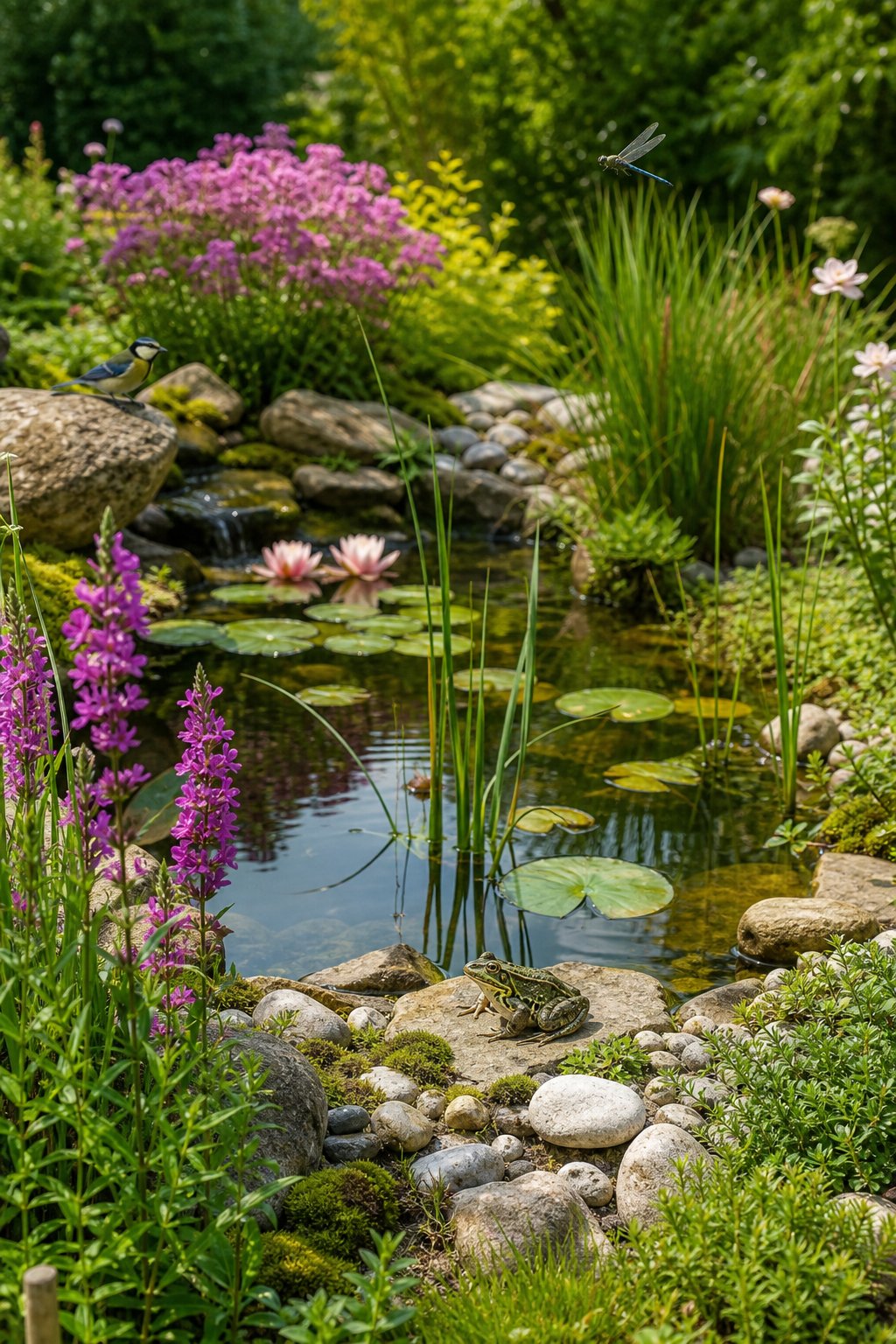 A small garden pond surrounded by plants with frogs, dragonflies, and birds nearby.