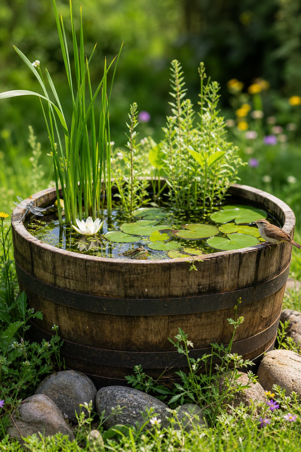 A half whiskey barrel filled with water and plants, serving as a small wildlife pond with insects and birds nearby.