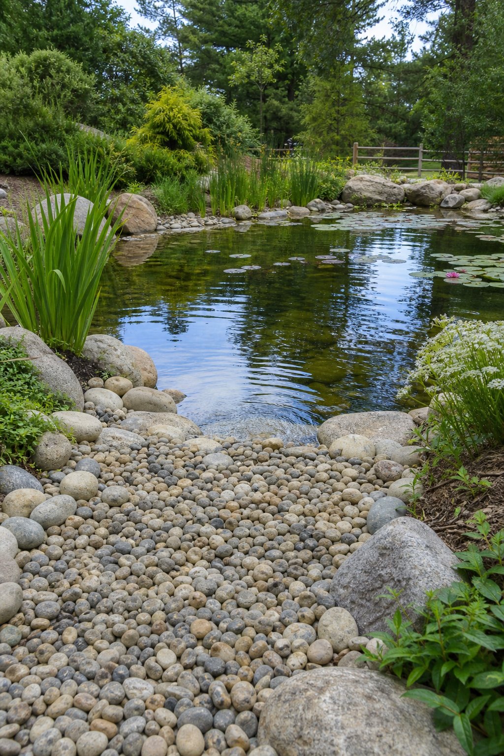 A peaceful pond entry with rounded pea gravel and smooth cobbles surrounded by green plants and calm water.