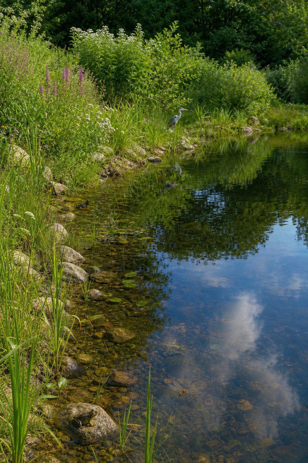A gently sloping natural pond edge with clear water, surrounded by plants and small rocks, with wildlife like frogs and dragonflies nearby.