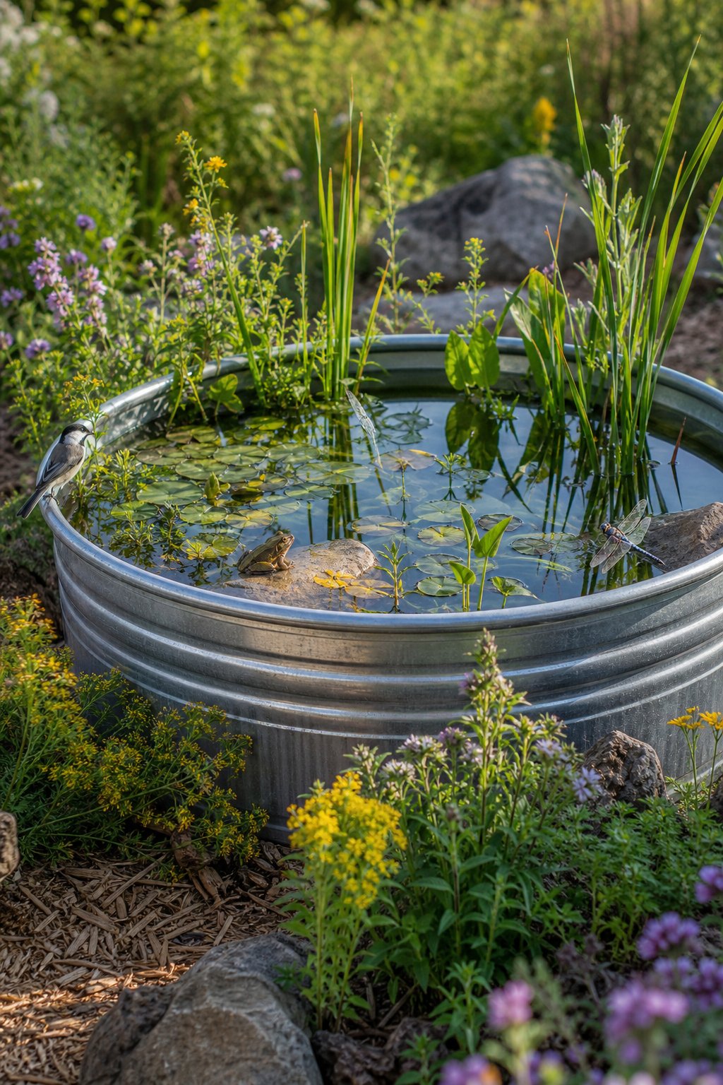 A galvanized metal stock tank filled with water, surrounded by plants and wildlife like frogs and dragonflies in a garden setting.