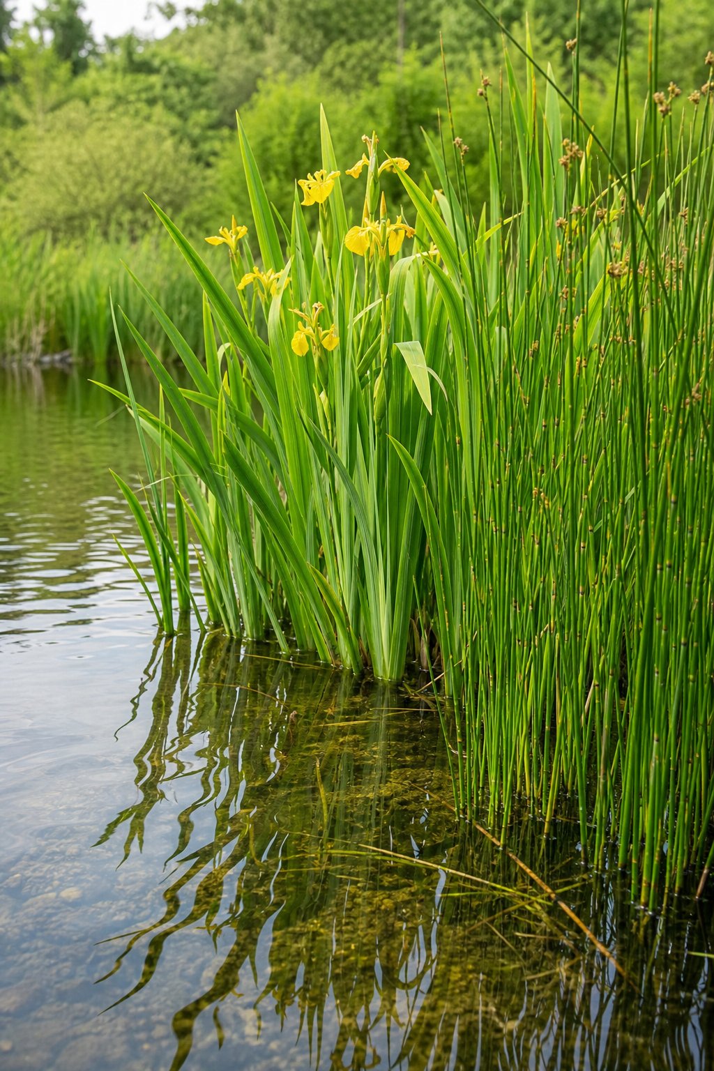 A shallow pond shelf planted with native water iris and rushes surrounded by natural pond vegetation.