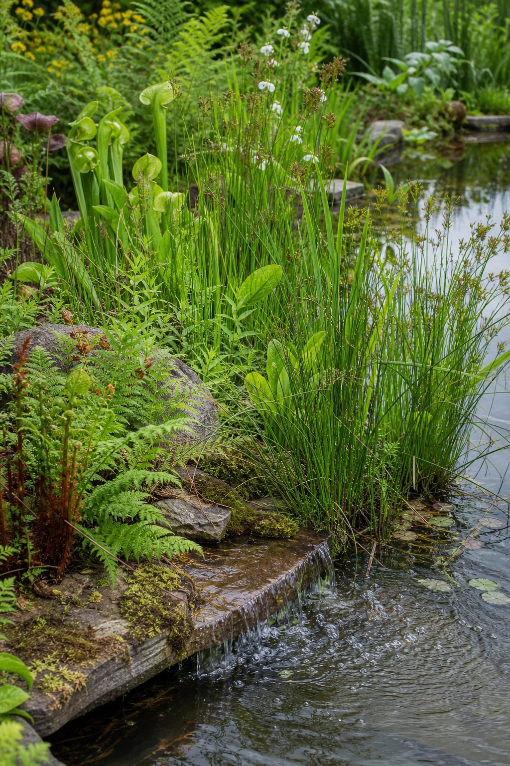 Edge of a natural pond with water-loving native plants growing along the moist spillover area.