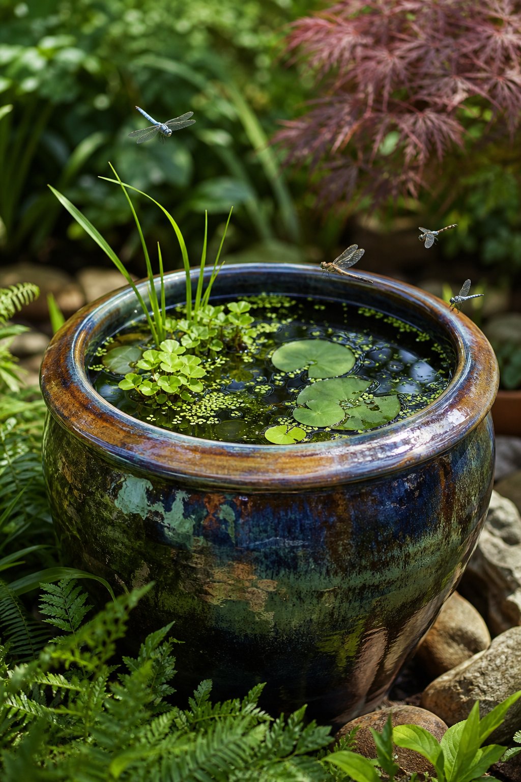 A glazed ceramic pot filled with water, surrounded by green plants and small aquatic life in a garden setting.