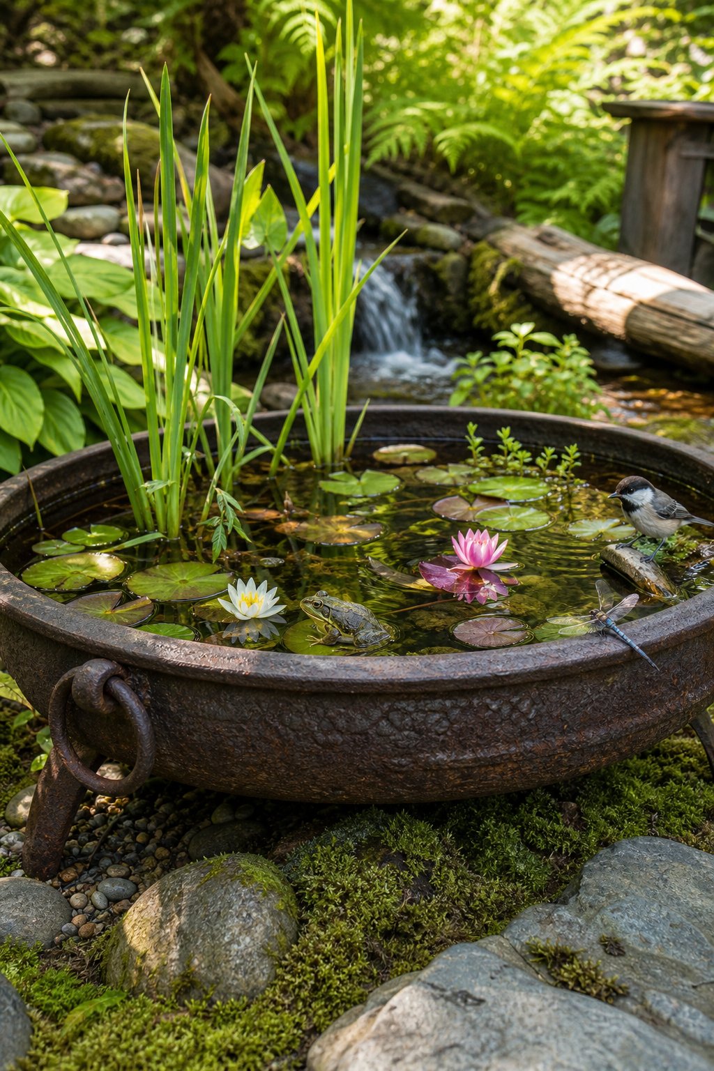 A vintage cast iron fire pit filled with water, surrounded by plants and small wildlife in a garden setting.