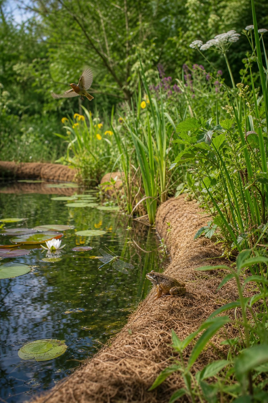 A calm pond with natural soft edging made from coir rolls, surrounded by green plants and small wildlife like frogs and dragonflies.
