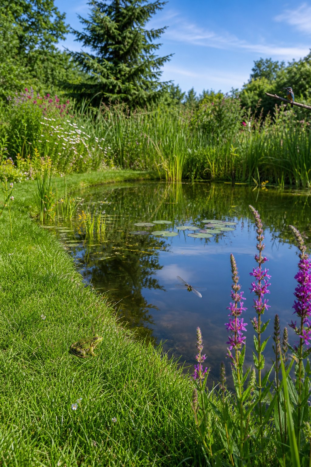 A clear pond with green grass covering its edges, surrounded by plants and wildlife like dragonflies and frogs.