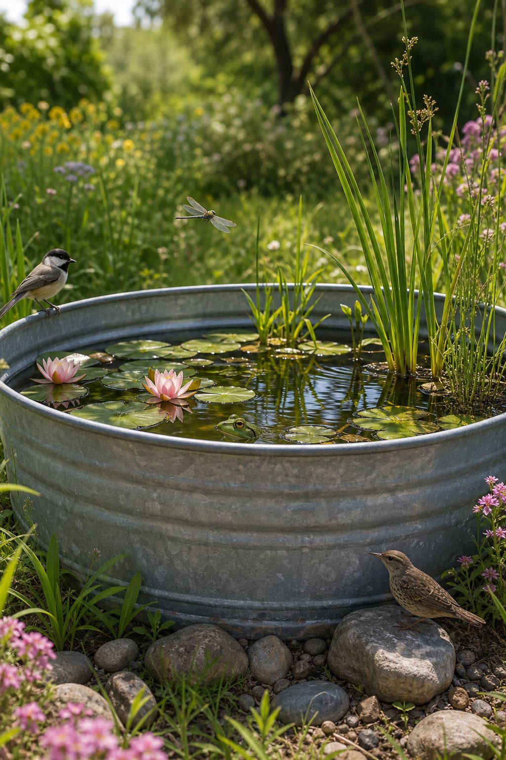 A galvanized metal tub filled with water and aquatic plants, surrounded by grass, wildflowers, and small wildlife like frogs and dragonflies in a garden setting.