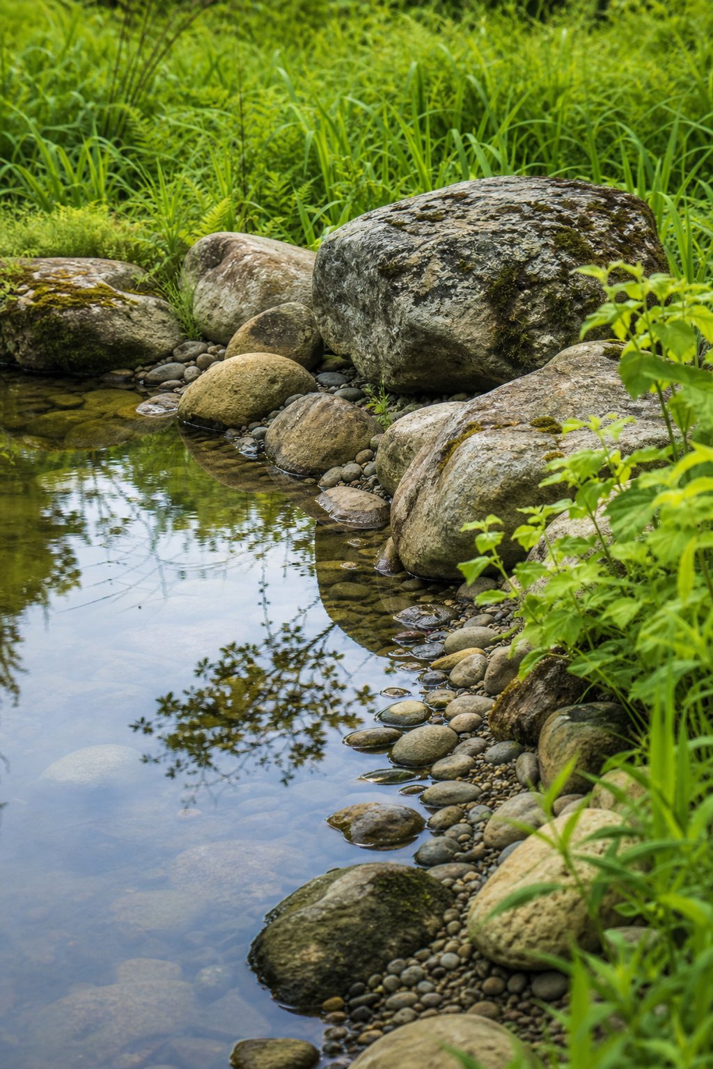 A natural pond shoreline with large boulders, cobblestones, and small gaps between rocks surrounded by green plants.
