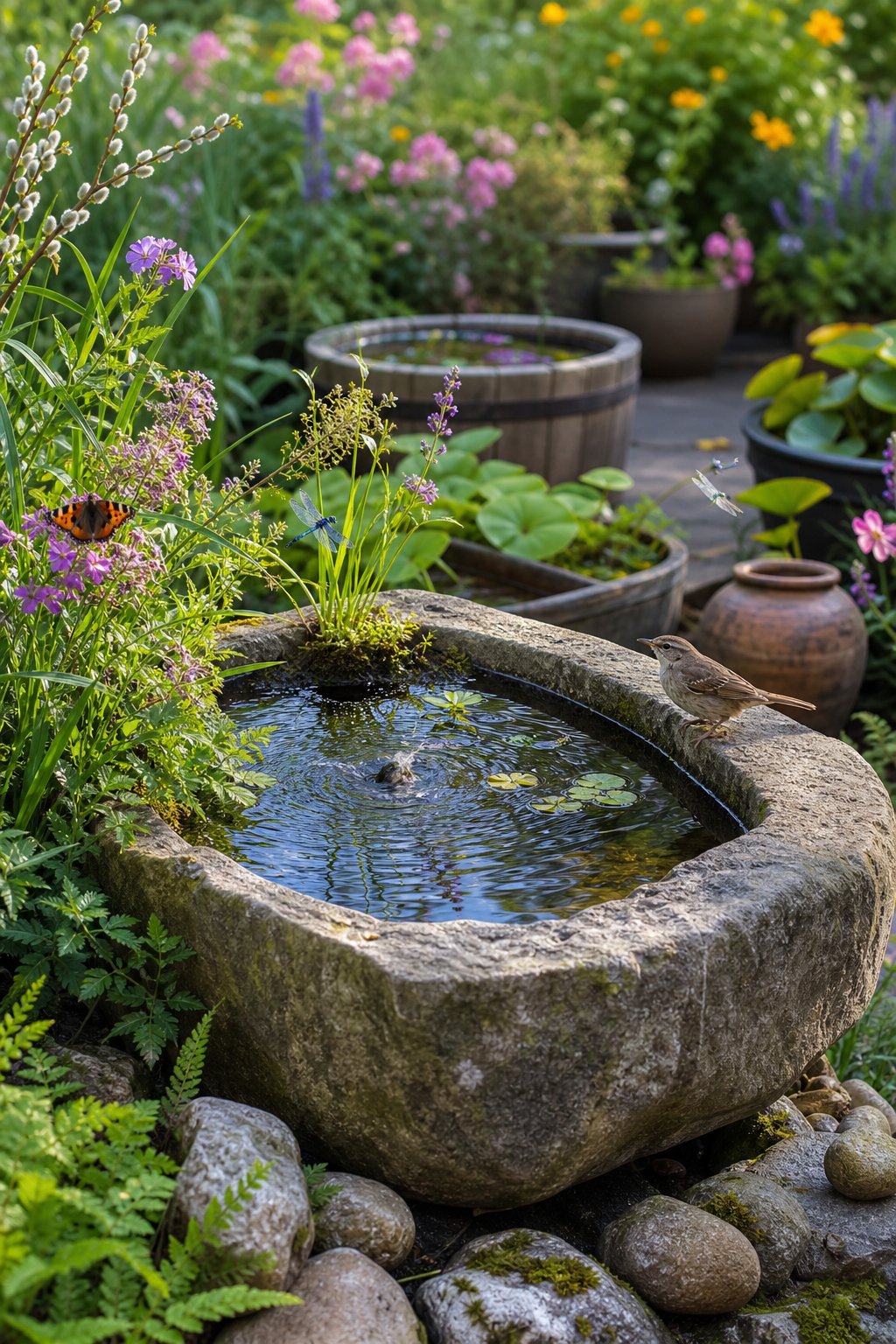 A stone trough filled with water surrounded by plants, flowers, and small wildlife like birds and butterflies in a garden.