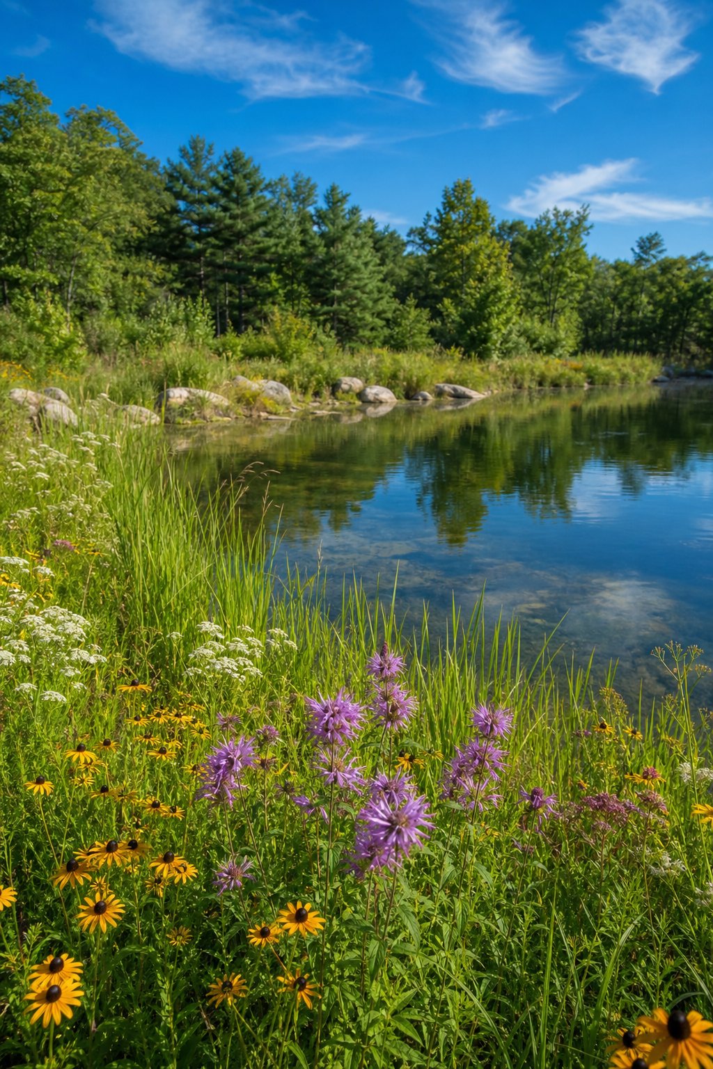 A calm pond surrounded by blooming wildflowers and tall native grasses with trees in the background.