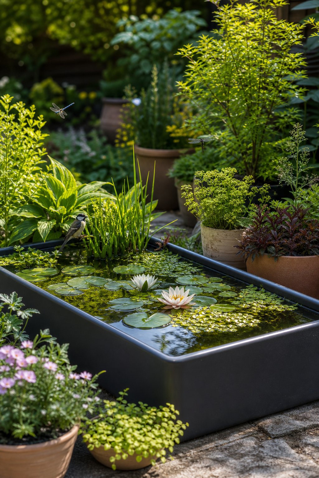 A rectangular fiberglass garden pond filled with water and aquatic plants, surrounded by container plants and small wildlife such as dragonflies and birds in a backyard garden.