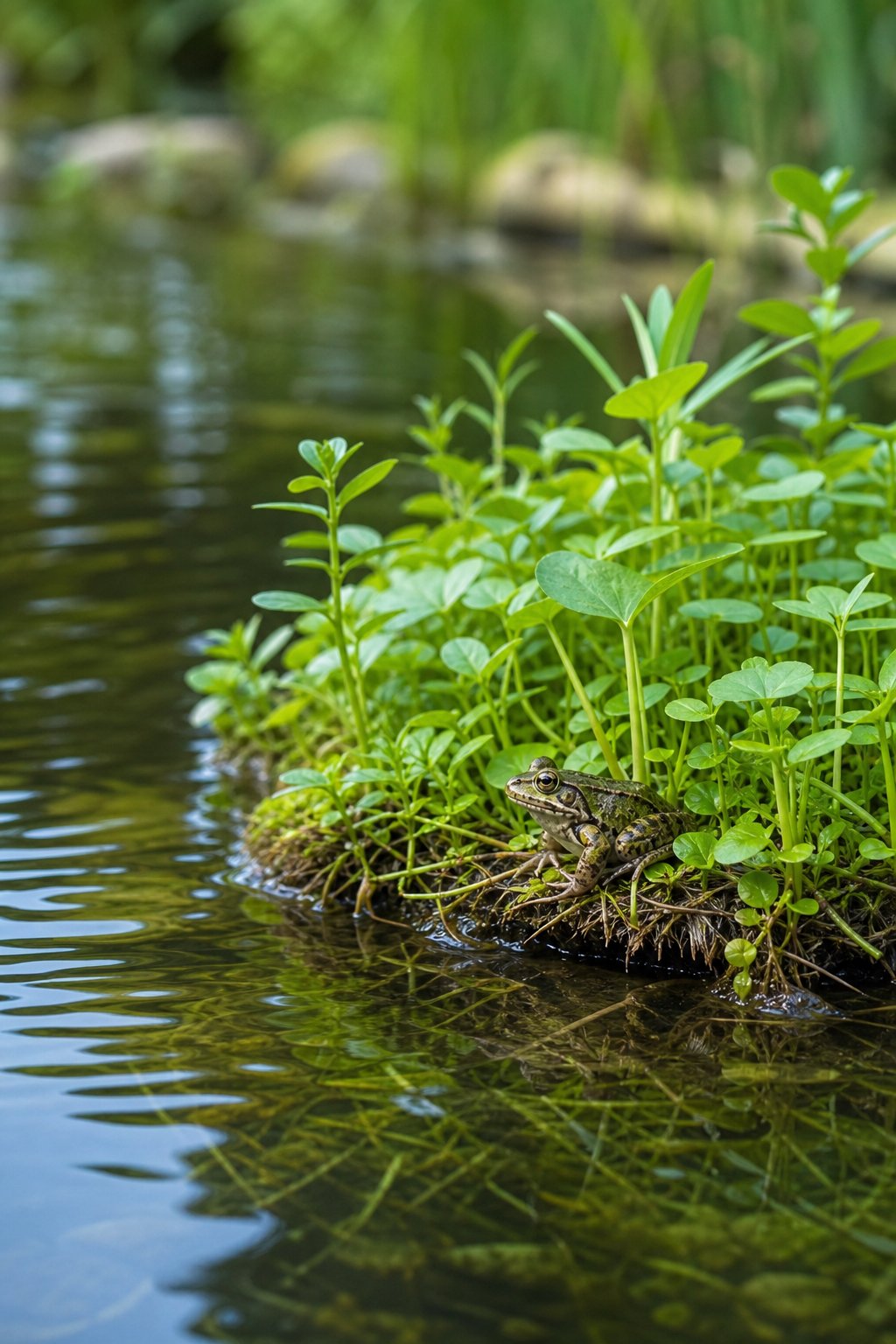 A small frog sitting on the edge of a floating plant raft in a clear natural pond surrounded by greenery.