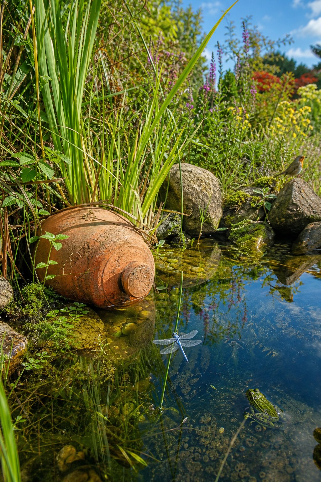 A peaceful wildlife pond with a sealed terracotta urn at the water's edge surrounded by plants and small animals.