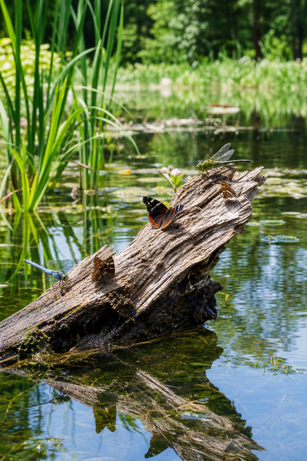 A peaceful pond with a deadwood log at the water's edge where insects are resting, surrounded by green plants and calm water.