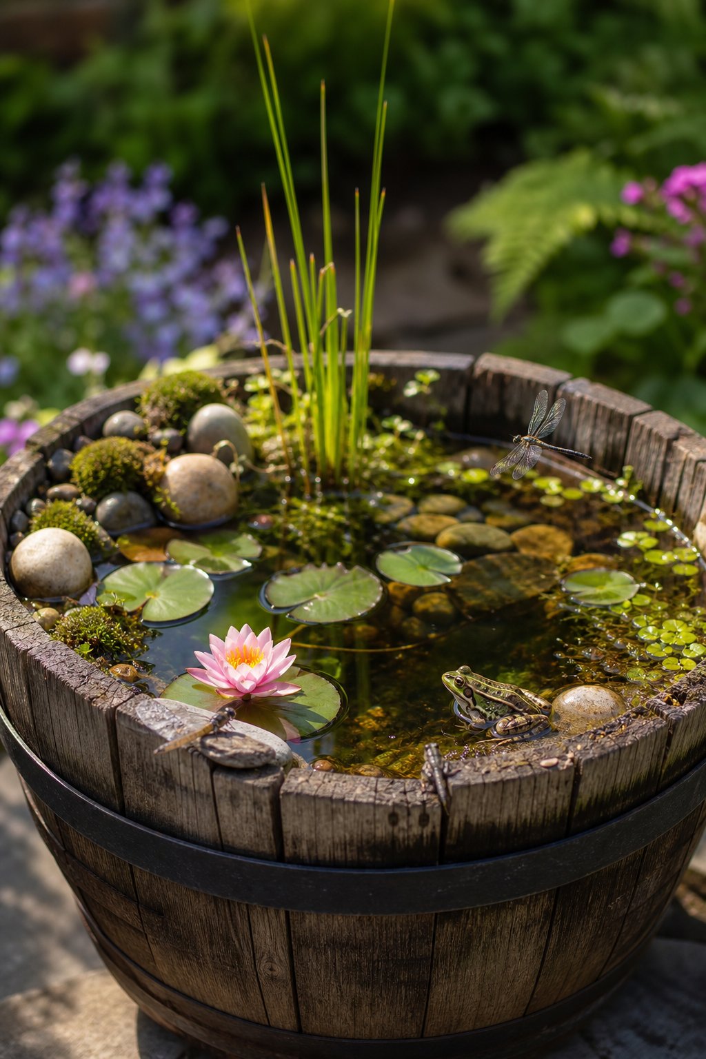 A shallow pond in a rustic half barrel with clear water, aquatic plants, and small wildlife like frogs and dragonflies in a garden setting.