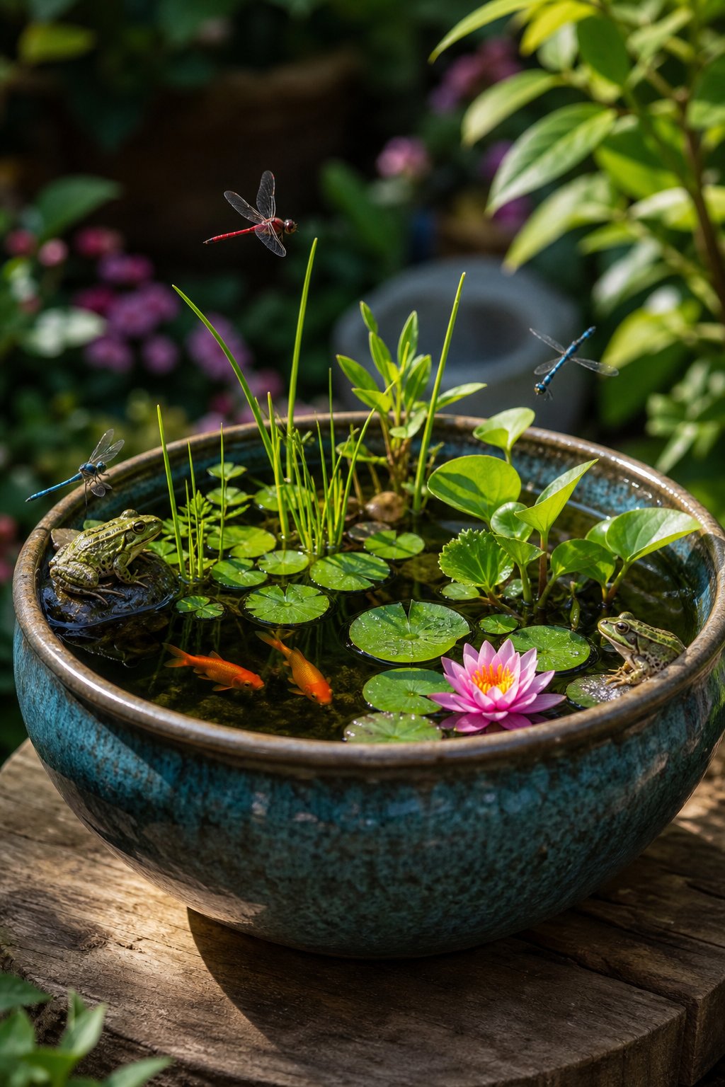 A large ceramic bowl filled with water, aquatic plants, small fish, and frogs, set outdoors on a wooden surface surrounded by green plants.
