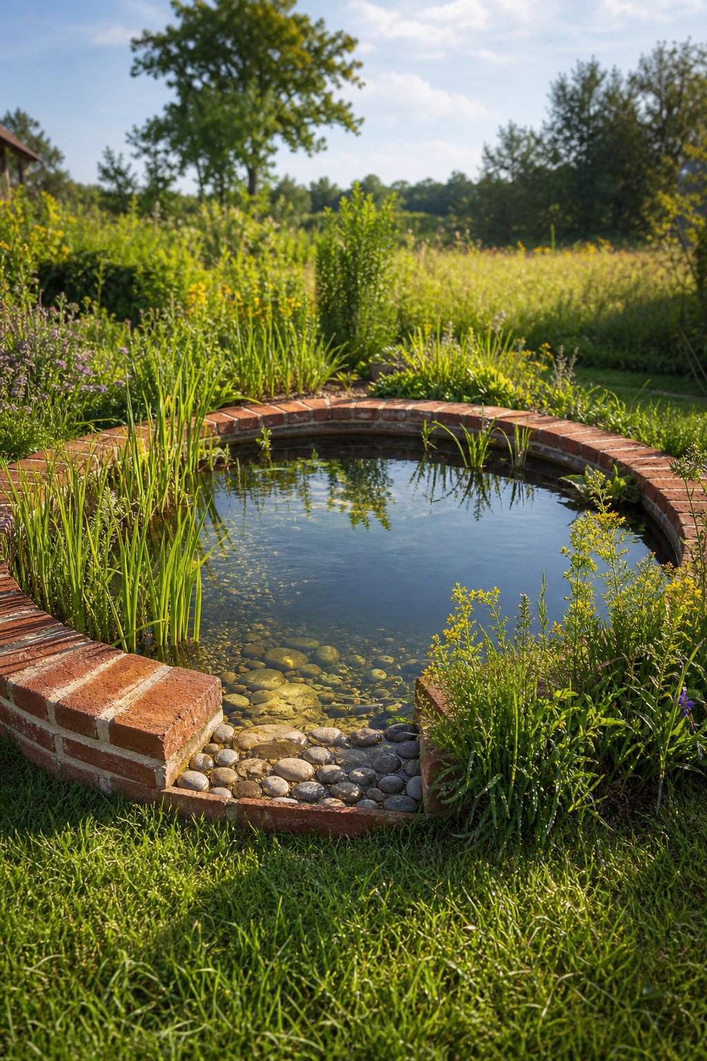 A raised brick pond with clear water, aquatic plants, and a stone escape ramp surrounded by green grass and native plants.