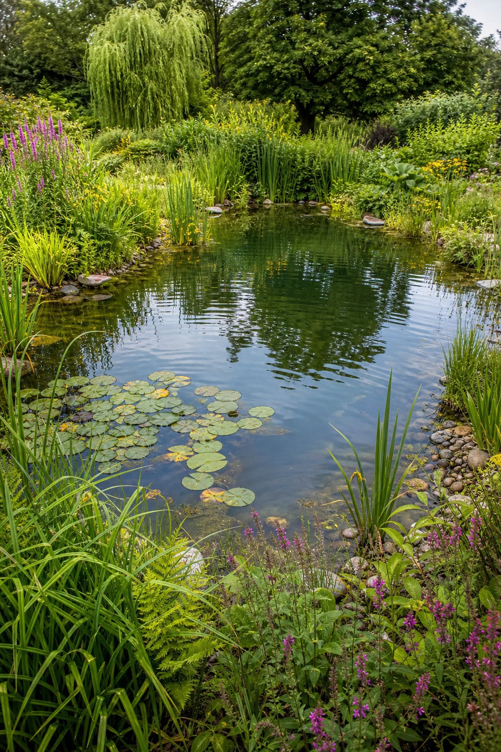 A kidney-shaped pond with curved edges surrounded by mixed aquatic and marginal plants under natural daylight.