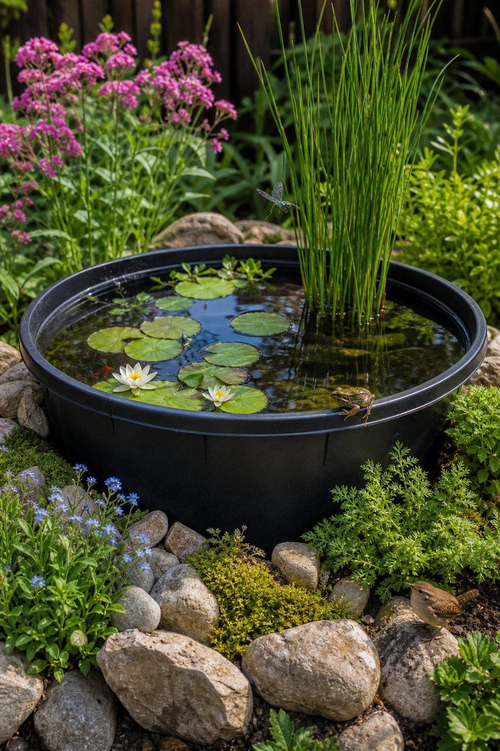 A black plastic utility tub filled with water and aquatic plants, set outdoors with rocks and greenery, creating a small wildlife pond habitat.