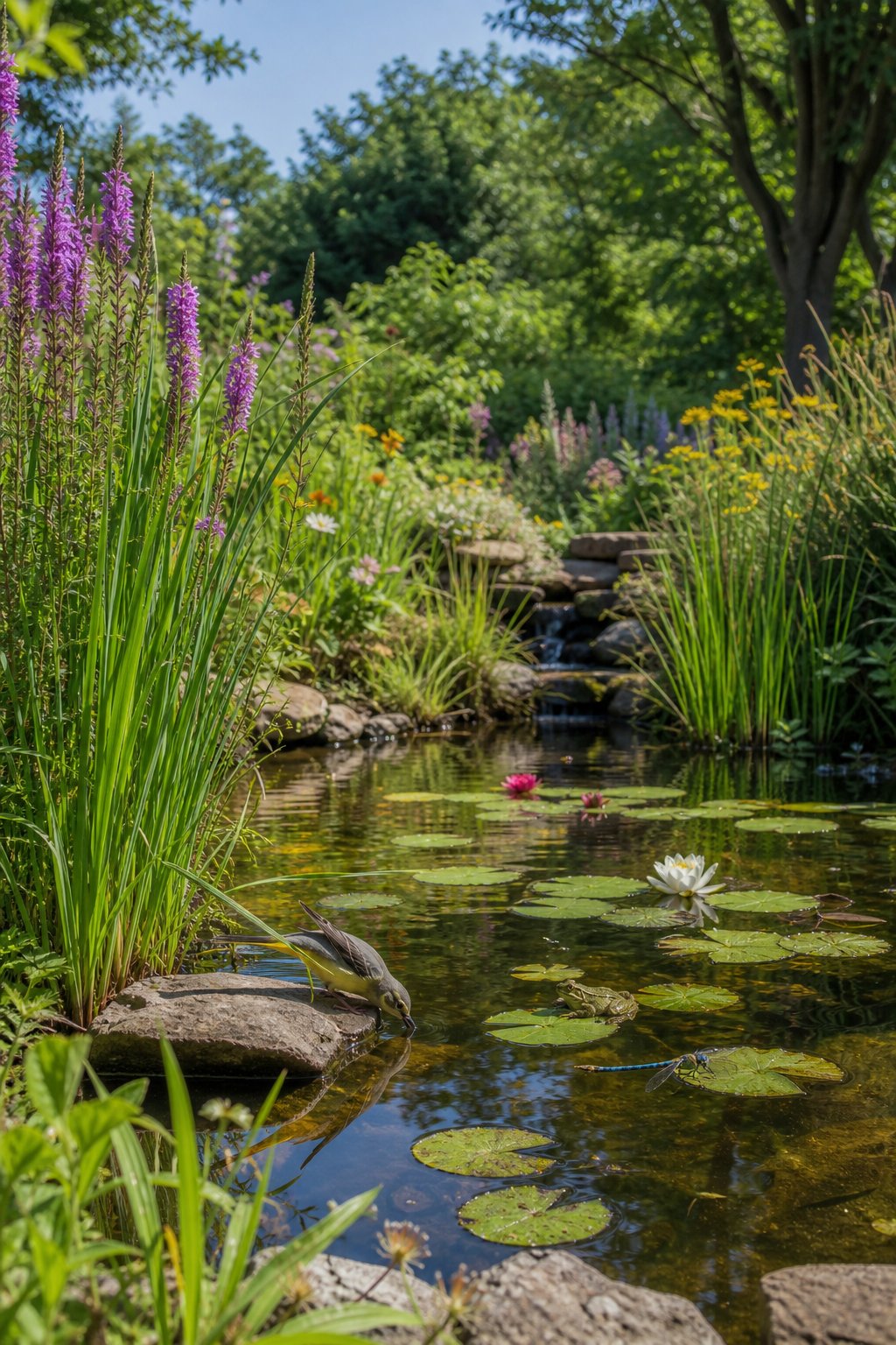 A natural pond surrounded by plants with frogs, dragonflies, and birds near the water.
