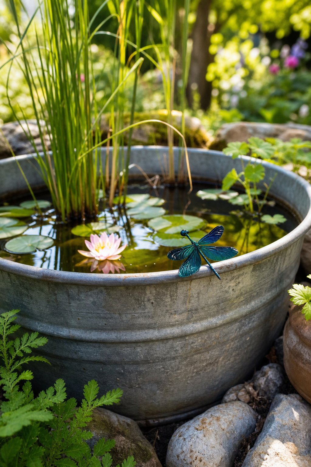 A small zinc washtub pond with water plants and a dragonfly perched on its edge in a garden setting.