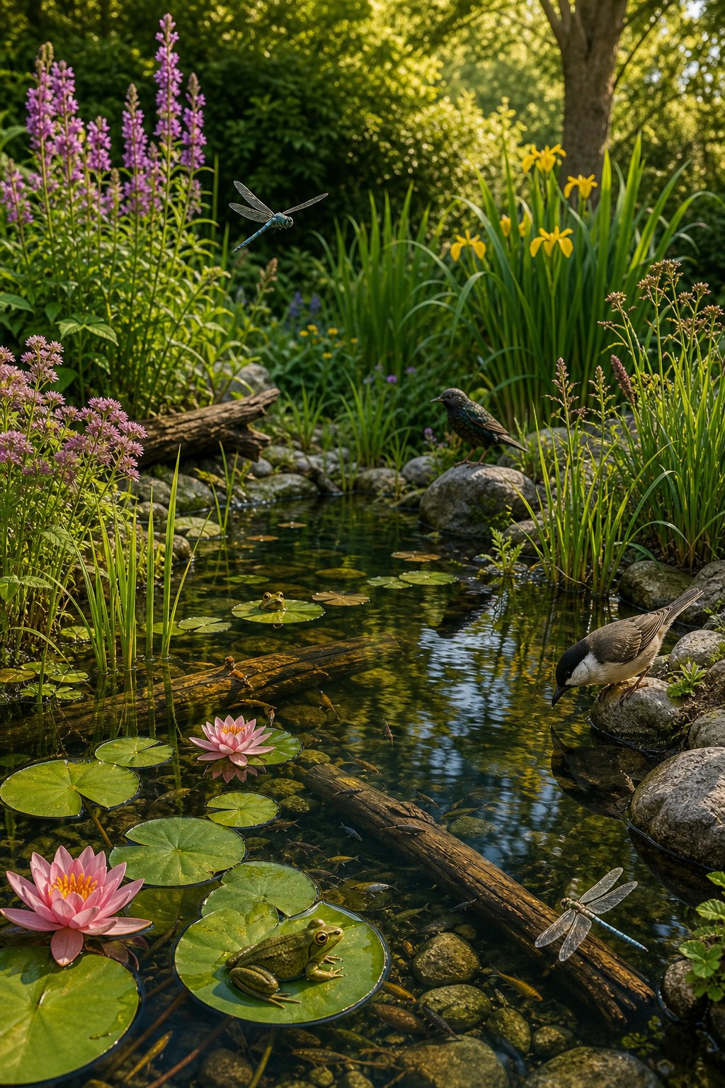 A natural pond surrounded by plants with frogs, dragonflies, birds, and clear water in a garden setting.