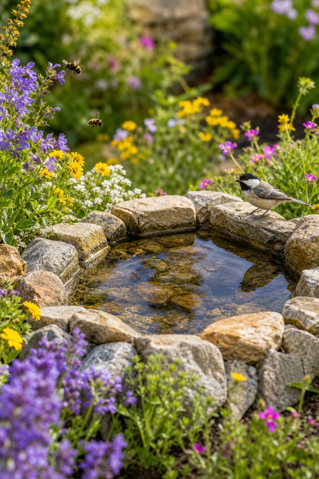 A shallow stone container pond surrounded by wildflowers with bees flying nearby and a small bird perched on the pond edge.