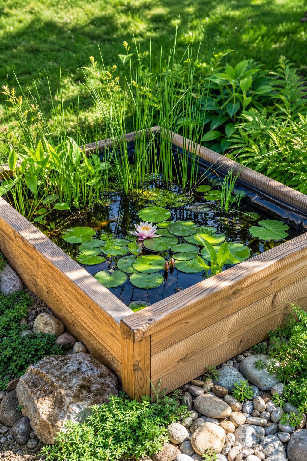 Rectangular wooden planter box filled with water and aquatic plants, set outdoors in a garden.