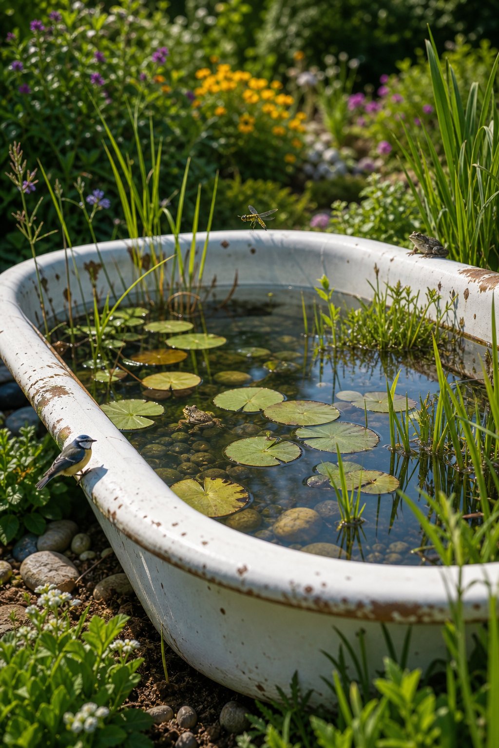 An enamel bathtub filled with water and surrounded by plants, serving as a small wildlife pond with frogs and dragonflies.