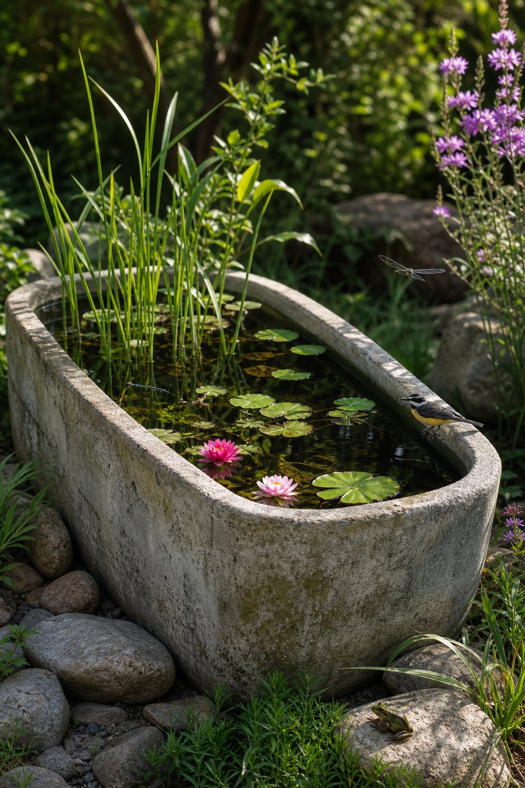 A concrete mixing trough filled with water, aquatic plants, and small wildlife in a garden setting.