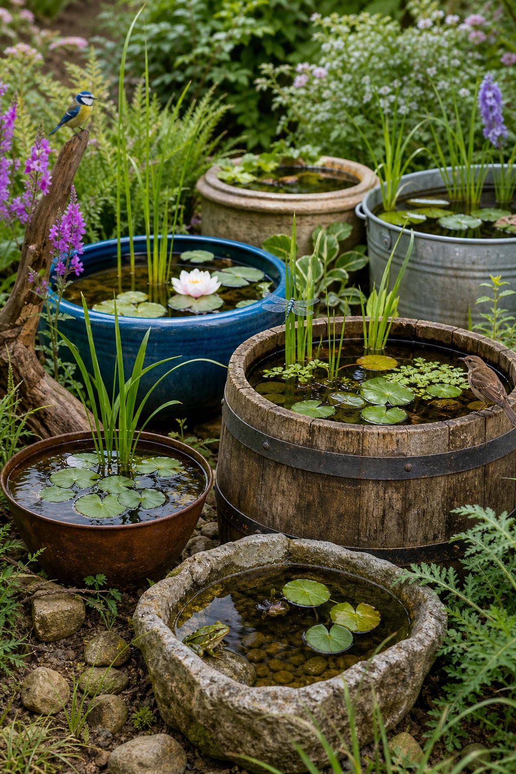 Various outdoor containers filled with water, plants, and small wildlife arranged in a garden setting.