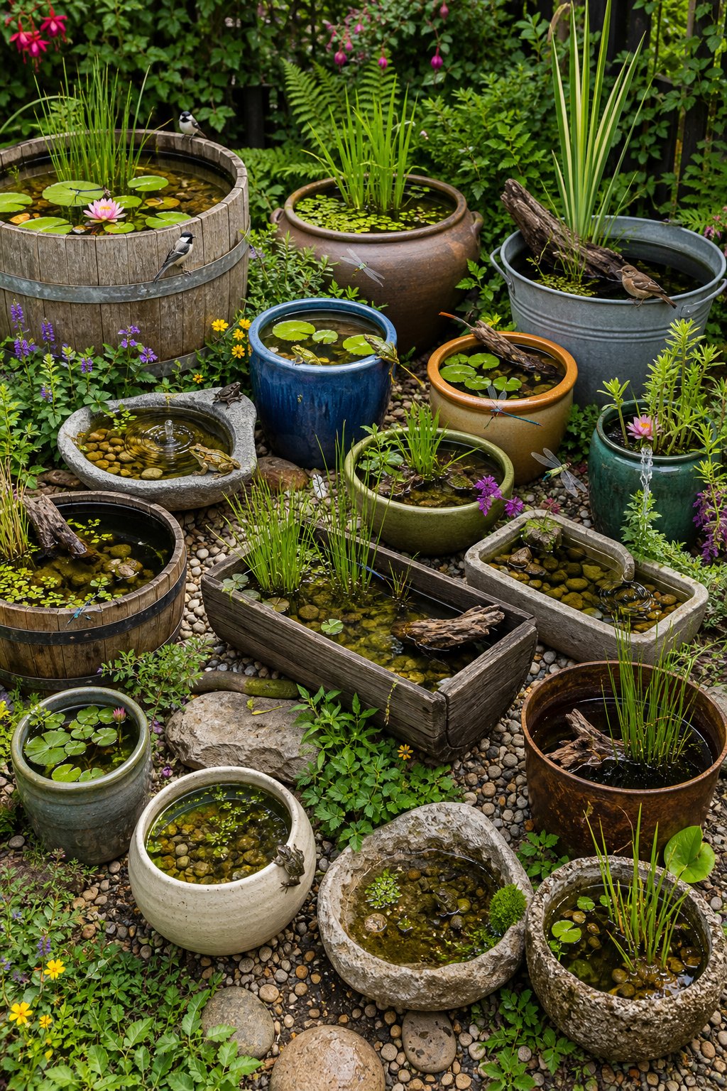 Outdoor garden with various container ponds filled with aquatic plants and surrounded by greenery and small wildlife like frogs and dragonflies.